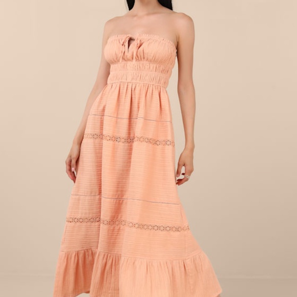 Lulus Sylvana Peach Textured Strapless Midi Dress Orange - Size M - Picture 1 of 1